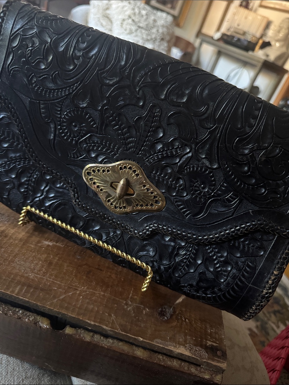 Vintage Black Tooled Leather Clutch with Brass Turn-Lock - Picture 2 of 7